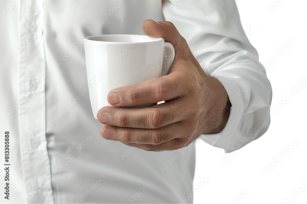 A man holding a hot cup of coffee in both hands during breakfast at a cafe A man holding a hot cup of coffee in both hands during breakfast at a cafe