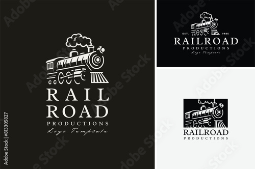 Old Steam Engine Locomotive Train with Fog Smoke Vintage Classic logo design