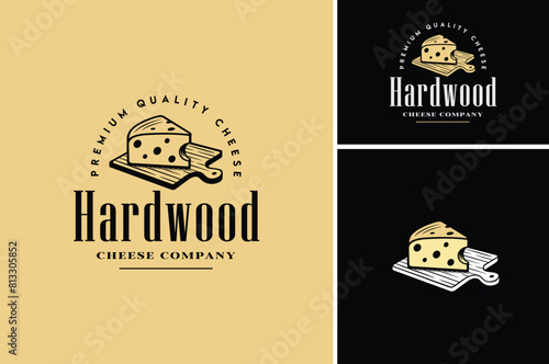 Slice of Cheese on Wooden Cutting Board for Traditional Cheesemonger Shop Store Vintage Classic label logo design