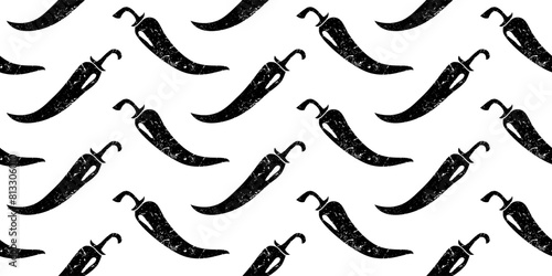 Pattern of peppers silhouette with texture. Black pepper seamless pattern on white background.