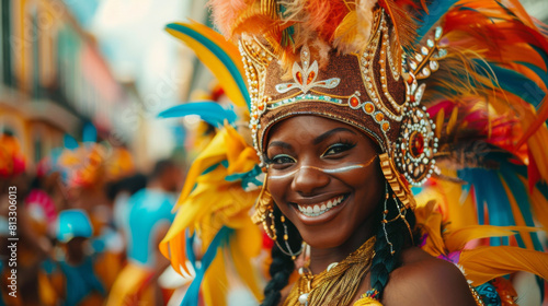 A joyful young woman in a vibrant carnival costume  featuring golden headdress and colorful feathers  celebrating joyously.