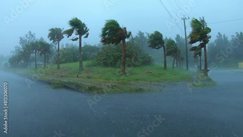 Powerful Hurricane Wind And Heavy Rain Lash Palm Trees - Haishen photo