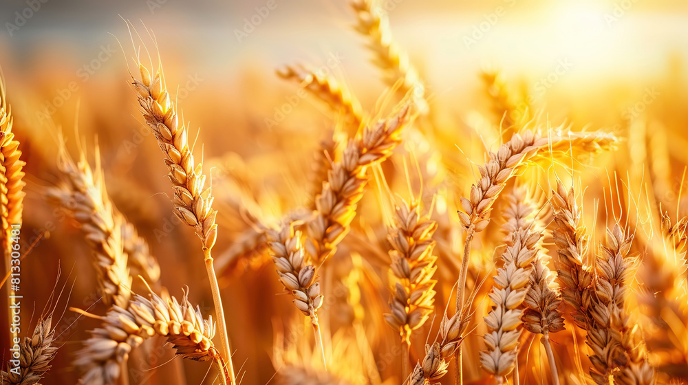 Close up wheat field at golden hour, bathed in warm sunlight, whole grain field. Generative AI Close up wheat field at golden hour, bathed in warm sunlight, whole grain field. Generative AI