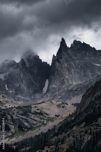 A rugged mountain range obscured by dark clouds, with jagged peaks disappearing into the gloom of an approaching storm, Generative AI