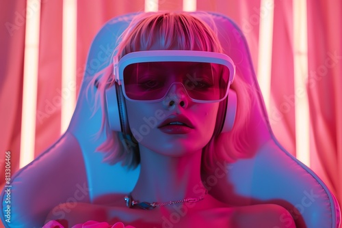 sia beauty on headphone in a gaming chair, dramatic overhead lighting, high fashion editorial, minimalist design atmosphere