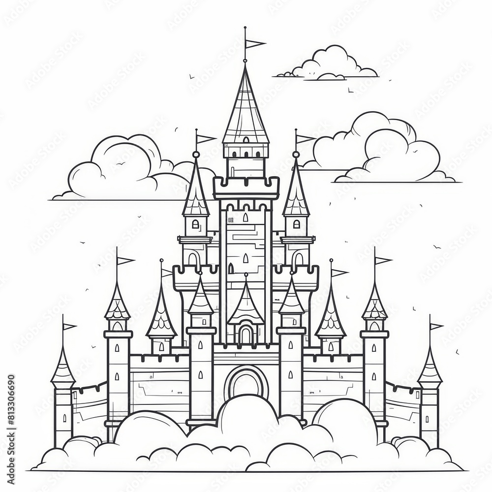 Naklejka premium A black and white illustration of a castle for coloring book. A large fairytale castle coloring page. Stress relief and relaxation concept.