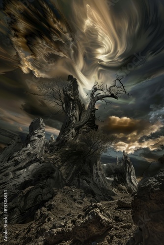 A surreal dreamscape with twisted, distorted landscapes under a sky filled with dark, swirling clouds, creating an eerie atmosphere, Generative AI © ManusiaIkan