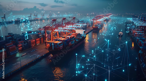 Smart Logistics and Warehouse Technology concept, Real time data location tracking freight shipment delivery, Container ship at port, Global business logistics import export transportation background