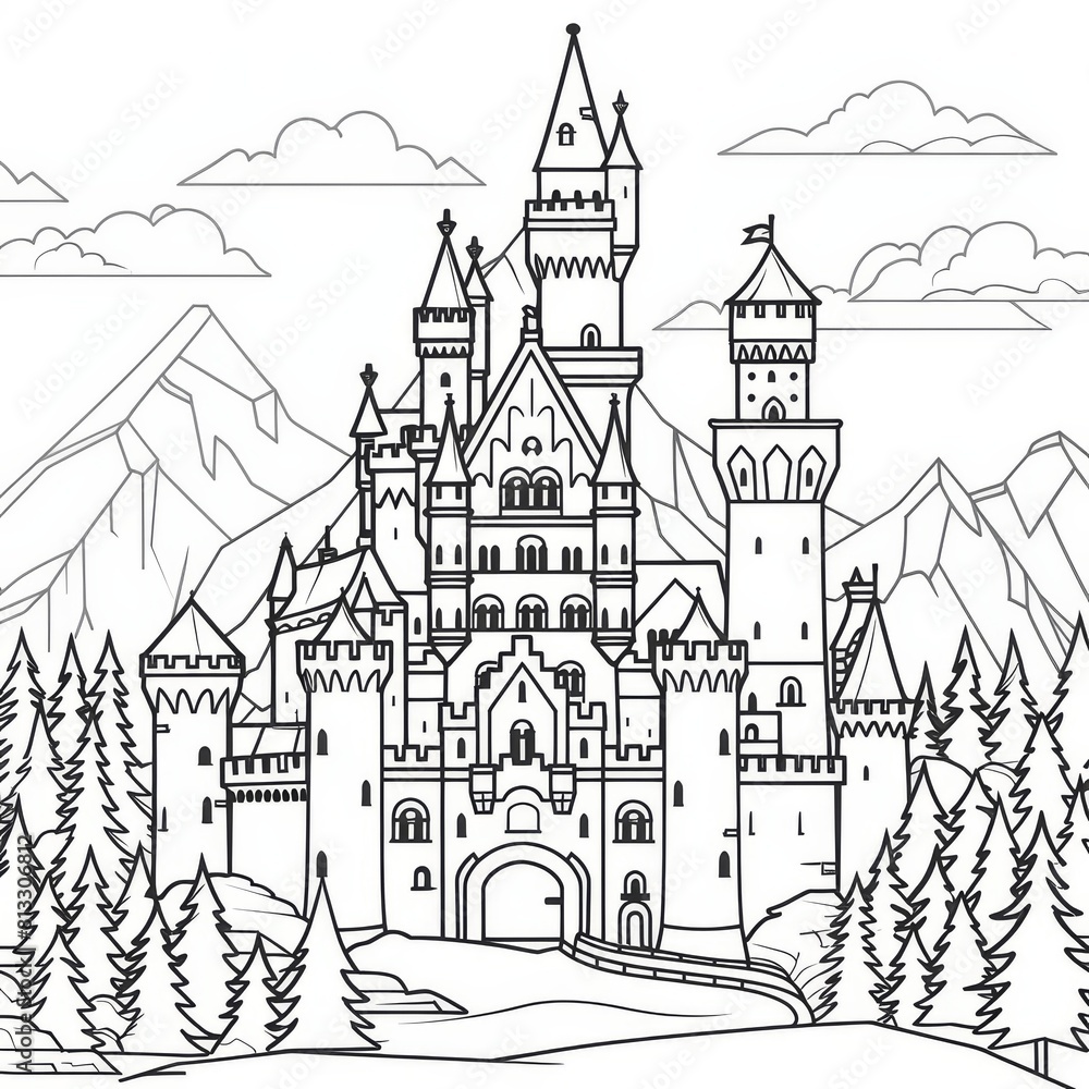A black and white illustration of a castle for coloring book. A large fairytale castle coloring page. Stress relief and relaxation concept. A black and white illustration of a castle for coloring book. A large fairytale castle coloring page. Stress relief and relaxation concept.