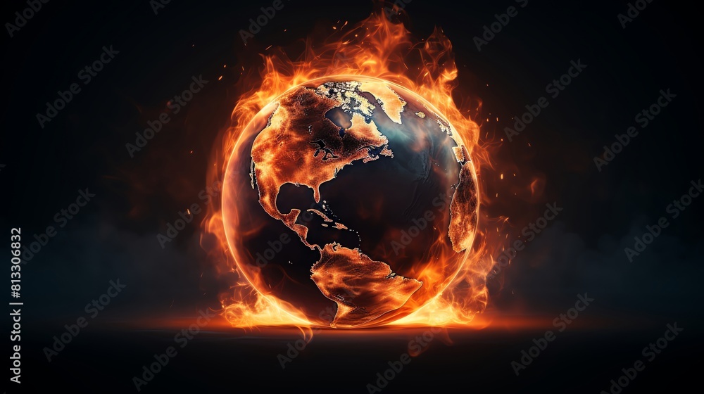 The image shows a planet on fire. The planet is surrounded by flames and looks like it is about to explode. The image is very dramatic and conveys a sense of urgency.