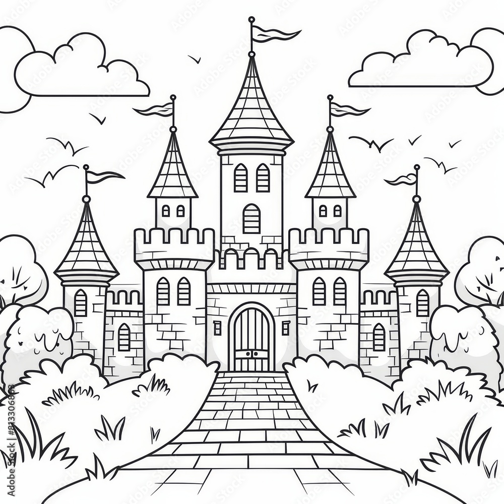 A black and white illustration of a castle for coloring book. A large fairytale castle coloring page. Stress relief and relaxation concept. A black and white illustration of a castle for coloring book. A large fairytale castle coloring page. Stress relief and relaxation concept.