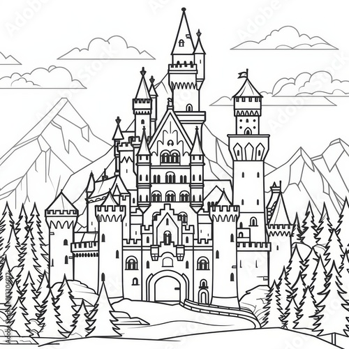 A black and white illustration of a castle for coloring book. A large fairytale castle coloring page. Stress relief and relaxation concept.