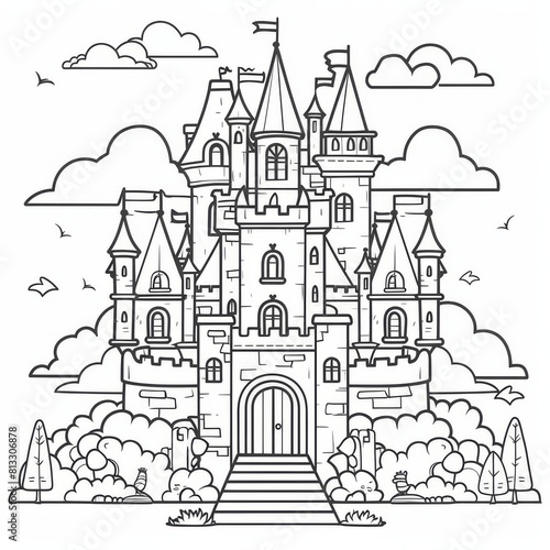 A black and white illustration of a castle for coloring book. A large fairytale castle coloring page. Stress relief and relaxation concept.