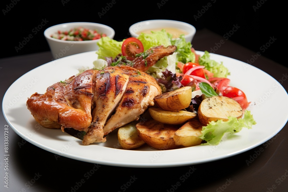a plate of food with a chicken and salad on it. a plate of food with a chicken and salad on it.