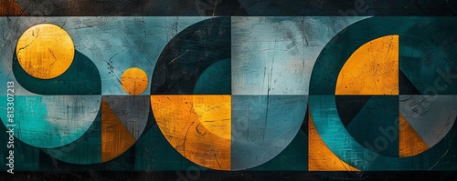 Vibrant geometric shapes in teal and yellow on a black canvas