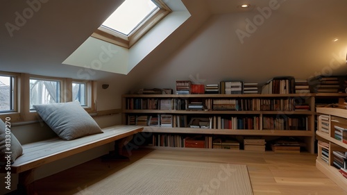 A spacious attic converted into a cozy reading nook with skylights and floor-to-ceiling bookshelves © Azadar