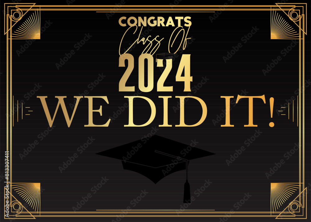 Black and gold class of 2024 Graduation design template. Vintage party ...