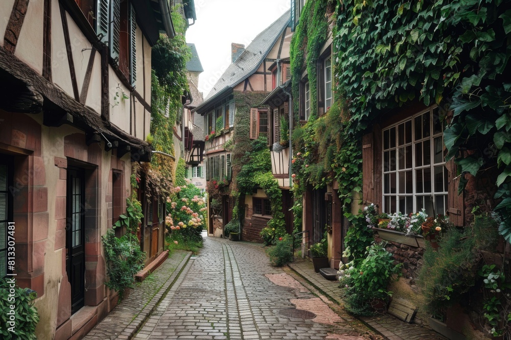 A charming European village with narrow cobblestone streets and ivy-covered buildings A charming European village with narrow cobblestone streets and ivy-covered buildings