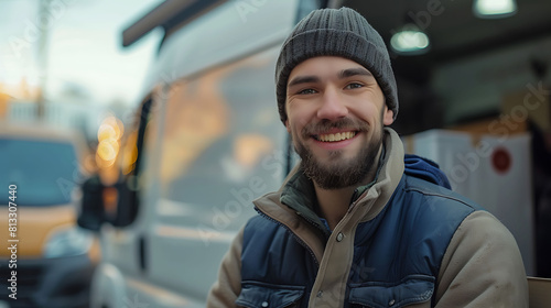 Smiling young male postal delivery courier man in front of cargo van delivering package © Sci-Tech
