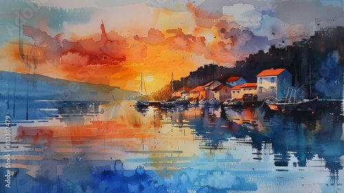 Gentle watercolor of a fishing village at sunset, the calm waters mirroring the vivid blend of colors in the evening sky