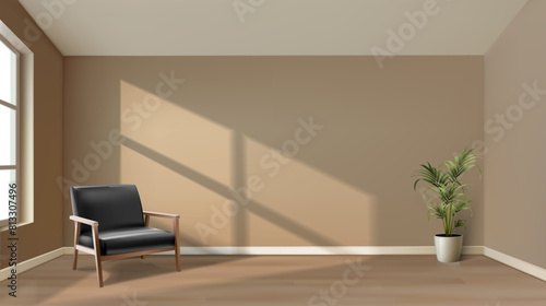 Realistic vector beige room with sunlight and window. Illustration of apartment interior design with blank pastel walls,  with wooden parquet floor with furniture, sofa and plant.