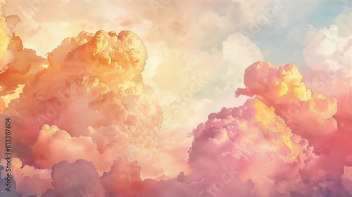 Gentle watercolor of large clouds tinged with the soft pink and gold hues of sunset, offering a calming yet wondrous visual experience photo