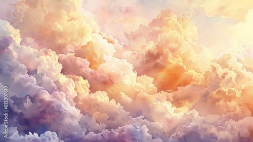 Gentle watercolor of large clouds tinged with the soft pink and gold hues of sunset, offering a calming yet wondrous visual experience