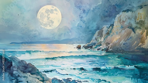 Gentle watercolor scene of a full moon rising over a coastal cliff  its bright light highlighting the rocky shore below