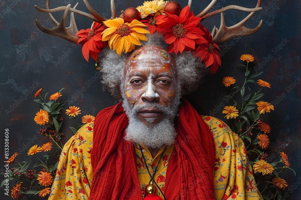 Fototapeta premium Gifted Anonymity: Festive Figure in Vibrant Online Celebrated Visual