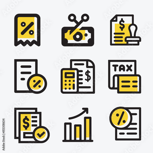 Simple Set of Tax Related Vector Line Icons in yellow color. Contains such as Money Report, Interest Rate, Tax Return and more.