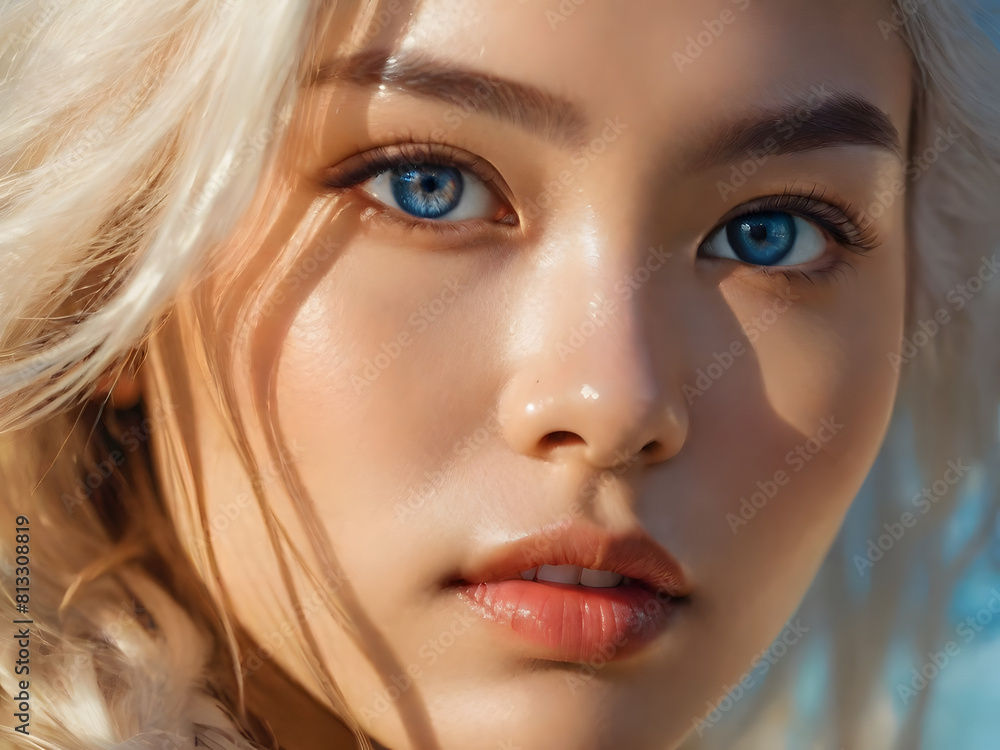 mixed-race Asia woman model blue eye and blond hair style with warm light background, realistic oil painting human face style for cosmetic and spa wellness service ads.
