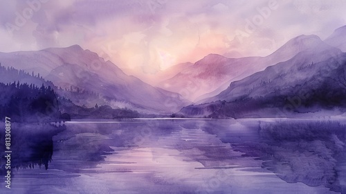 Moody watercolor scene of a misty lake reflecting a purple and pink sunset, the distant mountains shrouded in a light fog