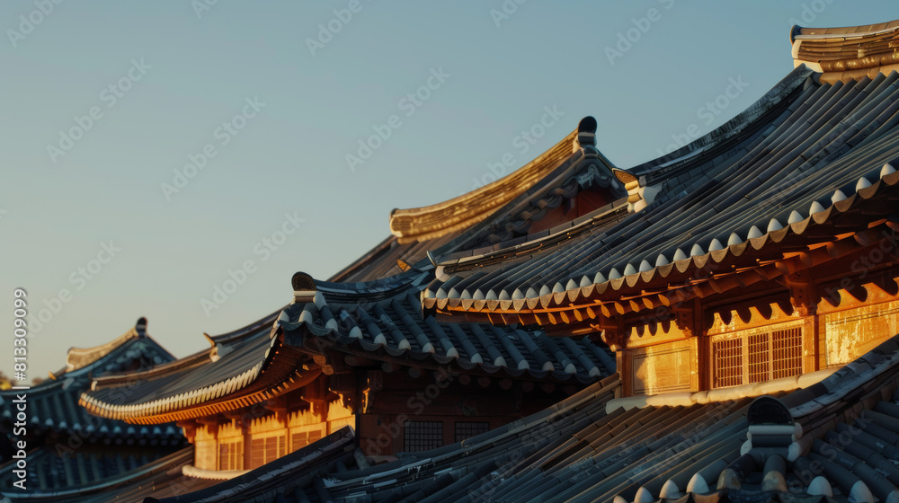Majestic view of a historic Korean palace with traditional tiled roofs glowing under the warm daylight, clear blue sky Majestic view of a historic Korean palace with traditional tiled roofs glowing under the warm daylight, clear blue sky