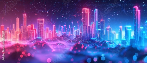 Wallpaper Mural Neon abstract 3D background, high-tech digital landscape Torontodigital.ca