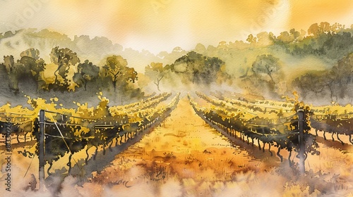 Soft watercolor illustration of a vineyard surrounded by morning fog, the golden light of sunrise gently warming the grapevines