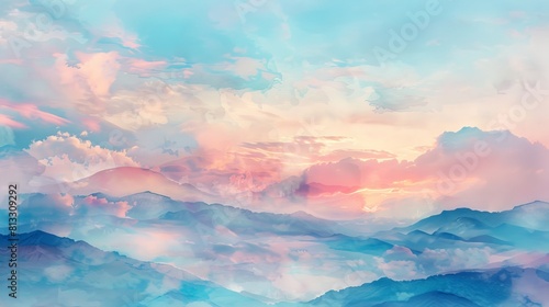 Soft watercolor sunset above a mountain range, pastel clouds blending with the blue and pink sky, creating a peaceful yet miraculous scene