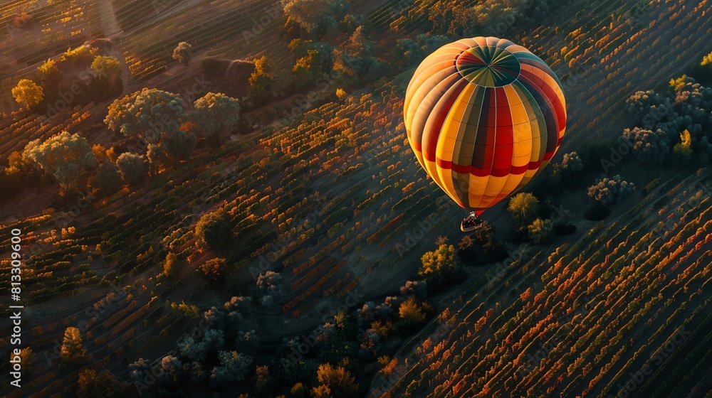 A hot air balloon floats over a beautiful landscape. The balloon is brightly colored and the landscape is green and lush.