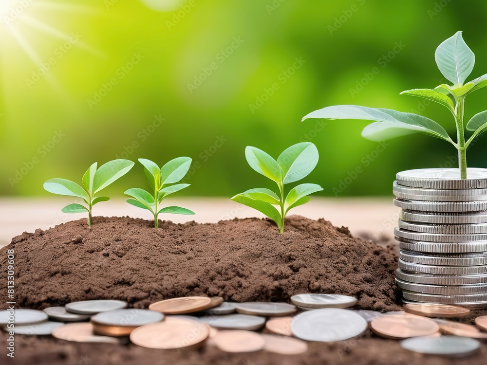 Planting trees on a row of coins Concepts of finance, savings and business growth. blurred tree background Planting trees on a row of coins Concepts of finance, savings and business growth. blurred tree background