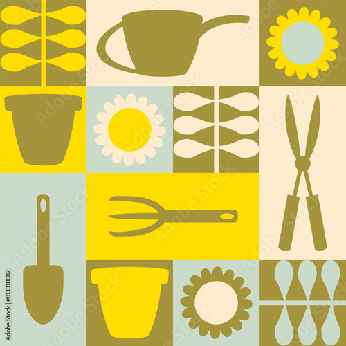 Gardening instruments, water cans and sun flowers geometric seamless
 pattern. Perfect summer print for paper, textile and fabric. Hand drawn vector illustration for decor and design.
