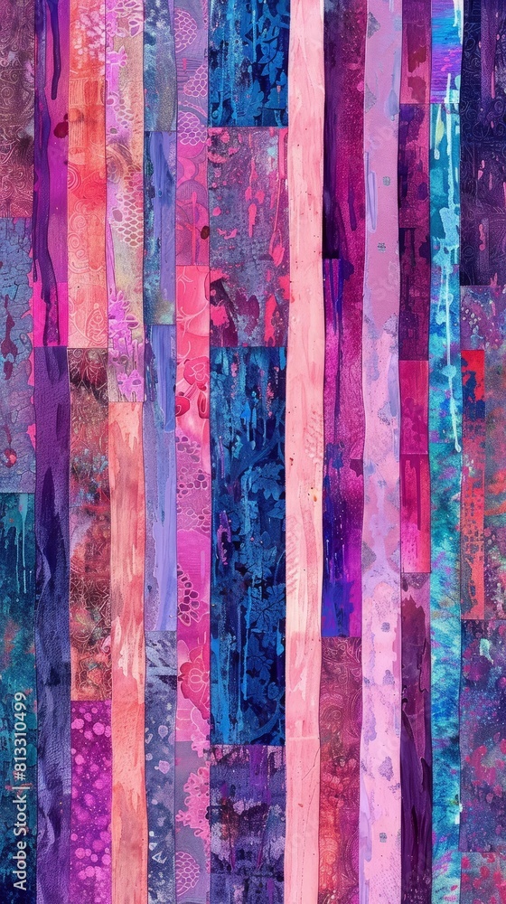 An eclectic texture of vertical stripes in shades of purple, blue, and pink on a white background An eclectic texture of vertical stripes in shades of purple, blue, and pink on a white background