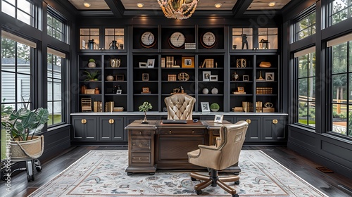 A chic home office with black walls, white built-in shelves, and gold accents, providing a stylish and organized workspace for creativity and productivity photo