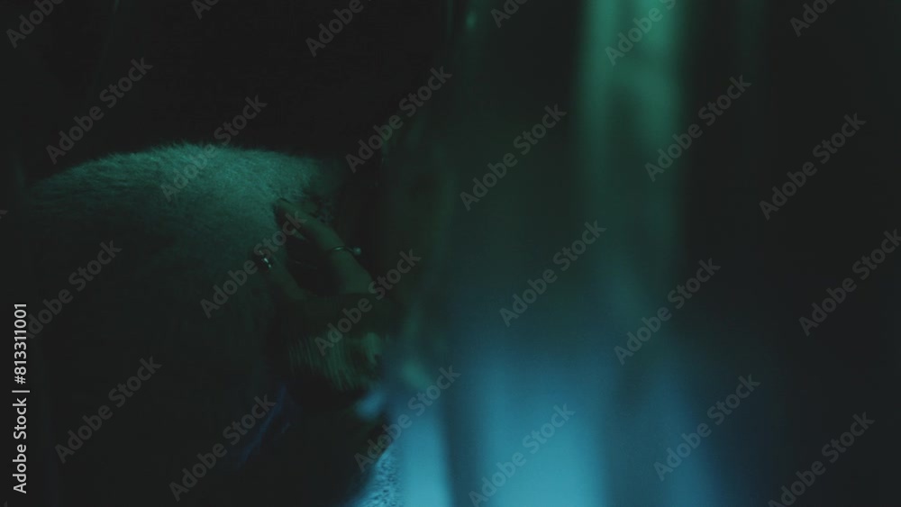 Young beautiful Asian girl leaning on old TV with static noise on screen and looking at camera in dark studio with colorful neon illumination and plastic wrap curtains. Video portrait Young beautiful Asian girl leaning on old TV with static noise on screen and looking at camera in dark studio with colorful neon illumination and plastic wrap curtains. Video portrait