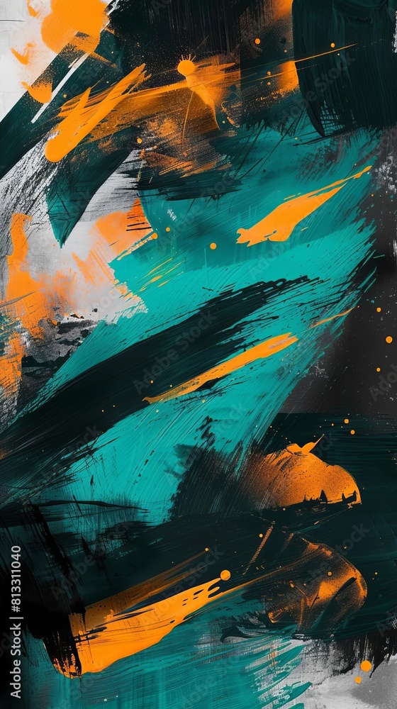 Fototapeta premium High-quality abstract in black with teal and orange brush strokes