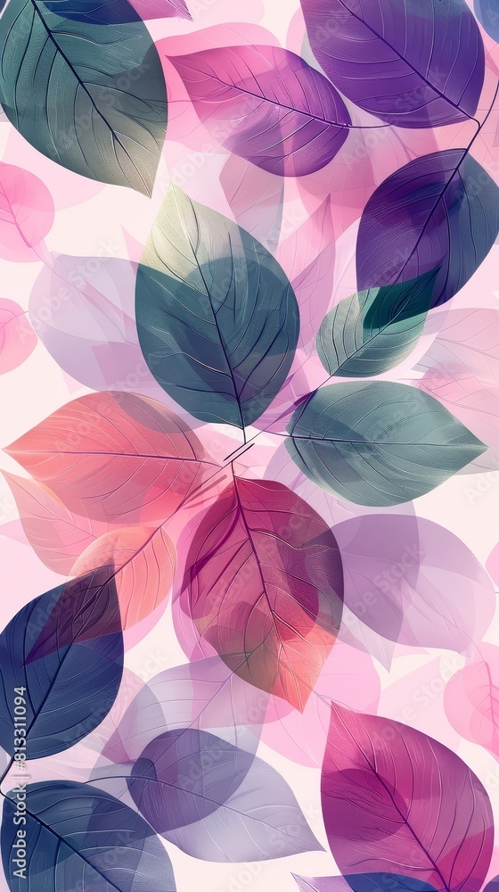The image is a watercolor painting of overlapping leaves in various colors, including pink, purple, blue, and green The image is a watercolor painting of overlapping leaves in various colors, including pink, purple, blue, and green
