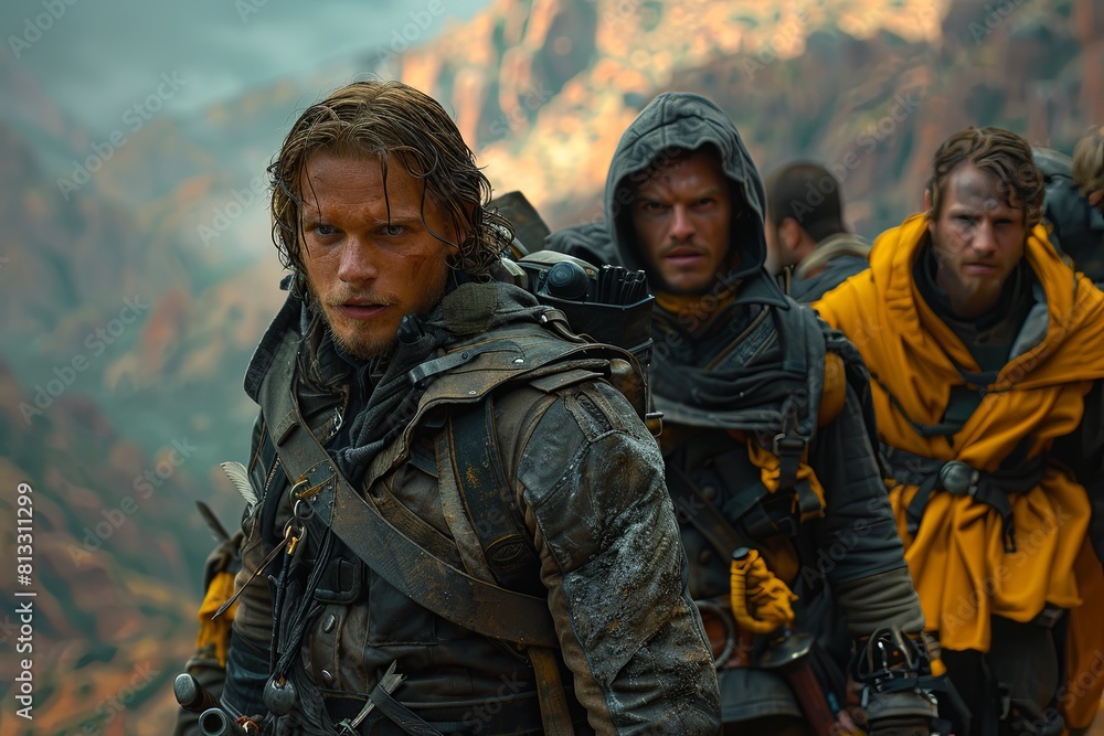 Fototapeta premium Shadowy Expedition: D&D Adventurers in Cinematic Landscape, Sunlit Vistas Ahead