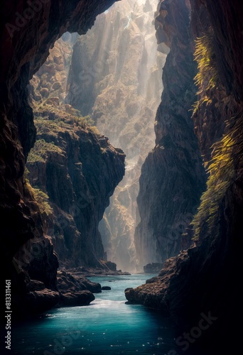 Gorge with a mountain river and rays of light from above