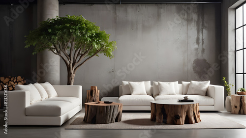 Tree stump coffee tables and white corner sofa in room with concrete wall and cement column. Loft, minimalist interior design of modern living room © Adi