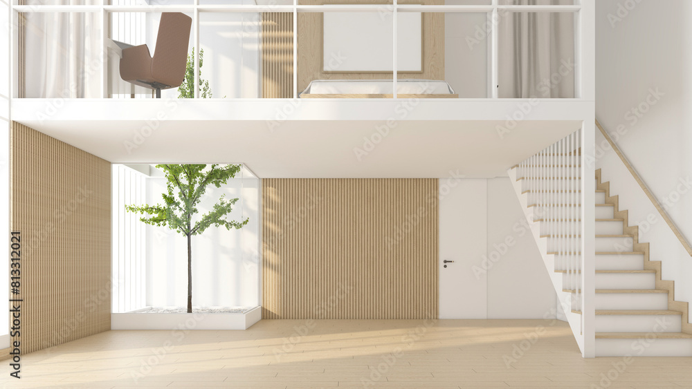 Minimalist apartment with empty area and bedroom on the mezzanine. Wood floor and wood slat wall. 3D rendering