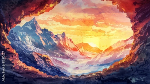 Watercolor illustration of a cave with a rocky mountain backdrop, the entrance glowing warmly as the sun sets beyond the peaks