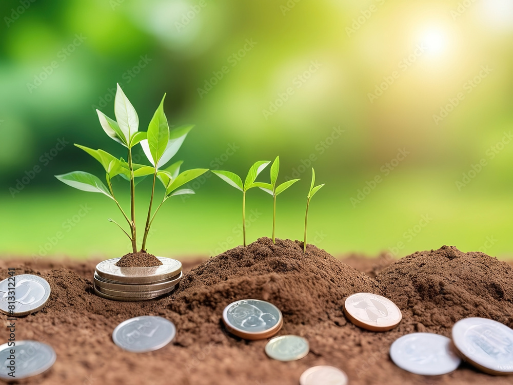 Planting trees on a row of coins Finance and investment concepts for saving money and growing finances and business. blurred city atmosphere background Planting trees on a row of coins Finance and investment concepts for saving money and growing finances and business. blurred city atmosphere background